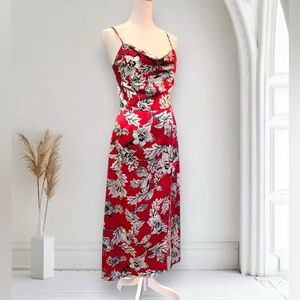 Sexy and Elegant Red Floral Midi Slip Dress with Spaghetti Straps